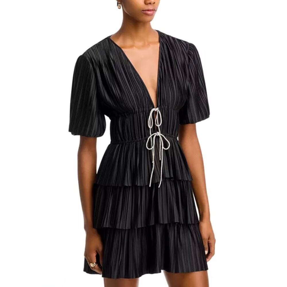 WAYF Thinking Of You Pleated Mini Dress Black Plunge Tie Front Size Small NWT